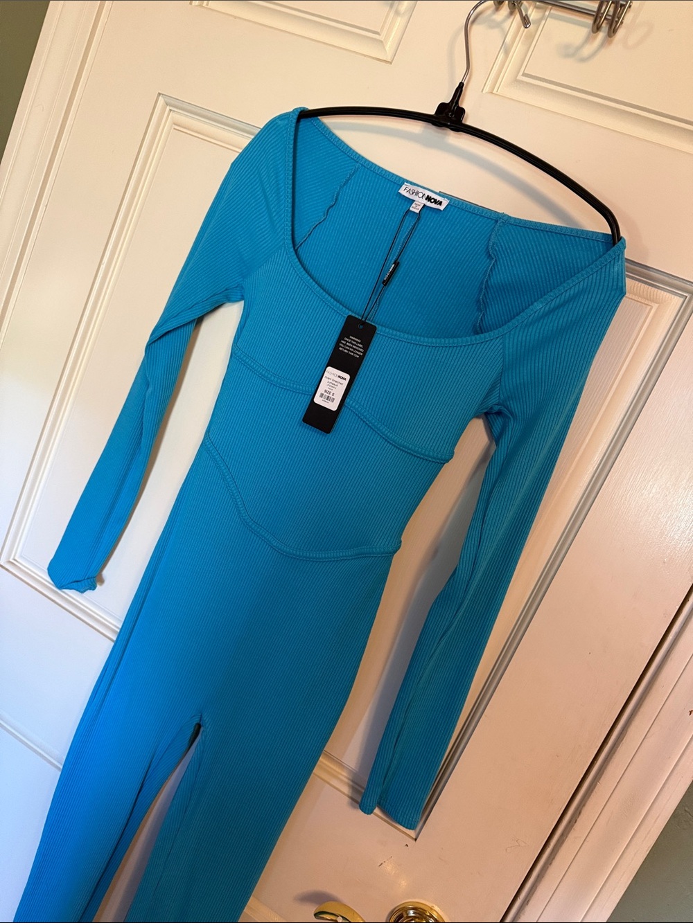 Fashion Nova Bright Turquoise Ribbed Long Sleeve Scoop Dress